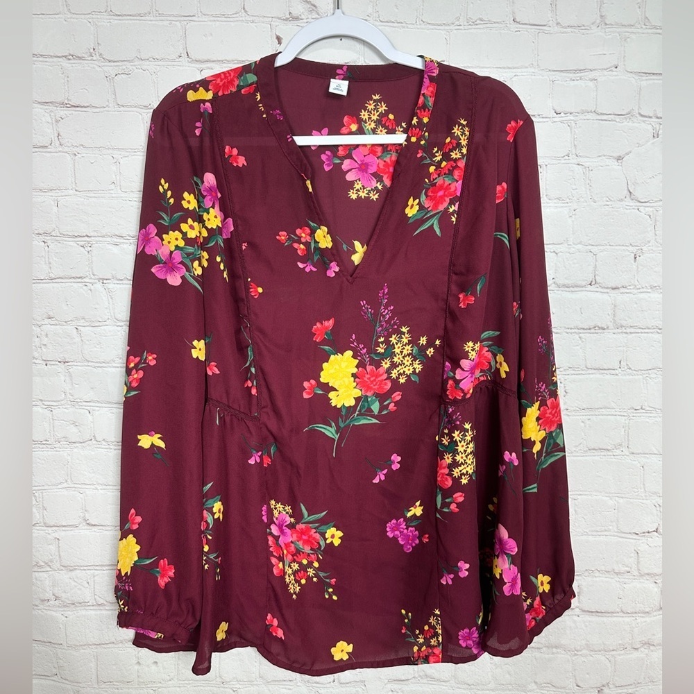 Old Navy Blouse BoHo Sheer Peasant long sleeve floral whimsical blouse sz 2X GUC